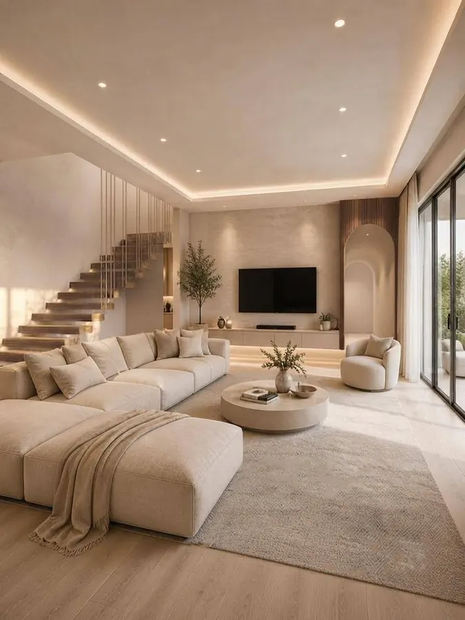 Living room with floating staircase
