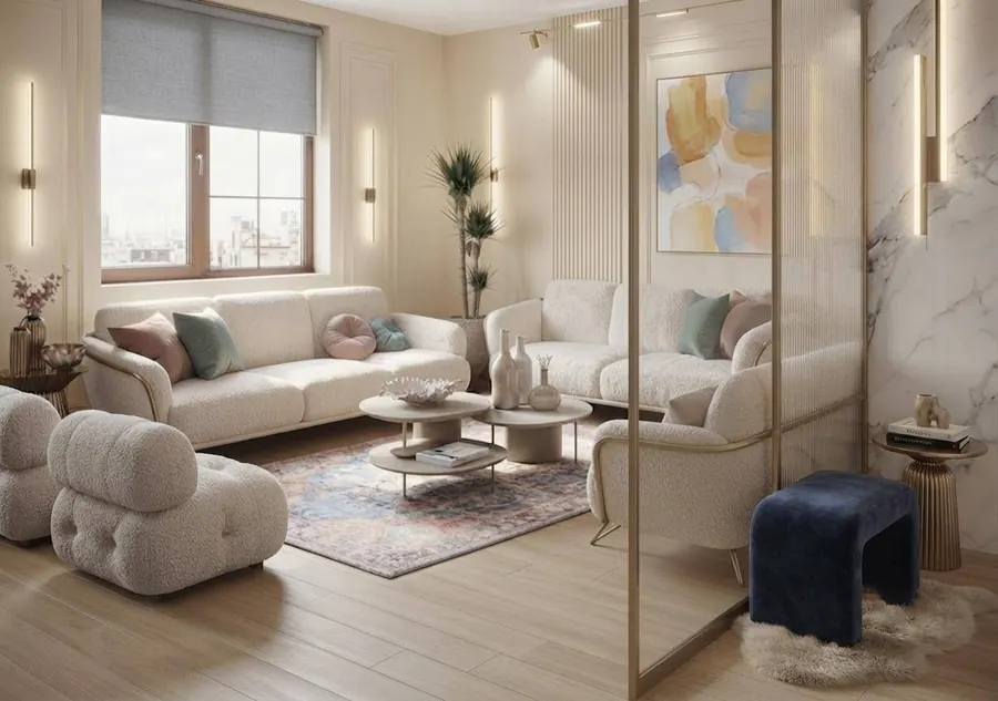 Formal majlis with bouclé seating